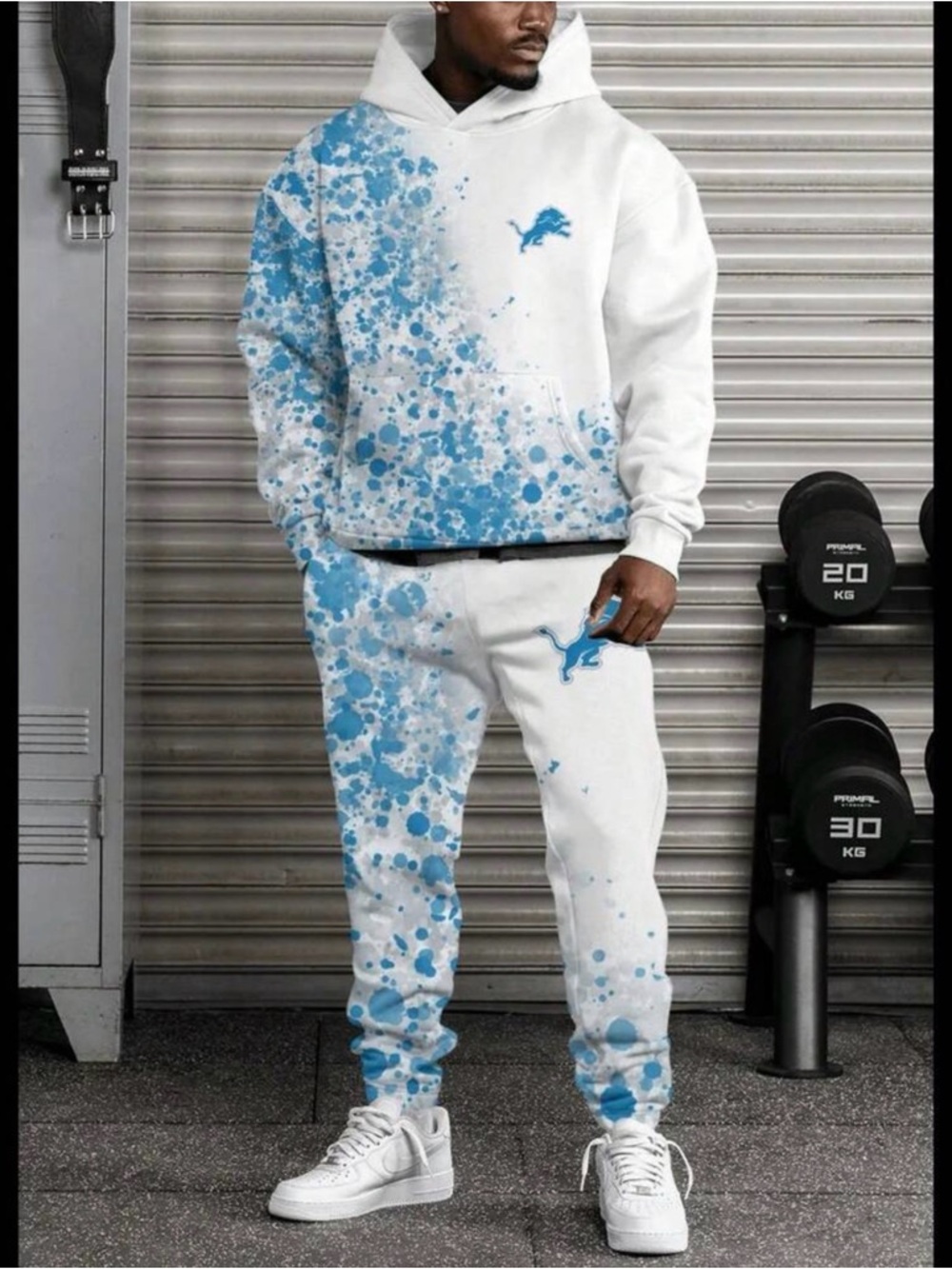 White Hoodie & Jogger Set with Light Blue Paint Splatter